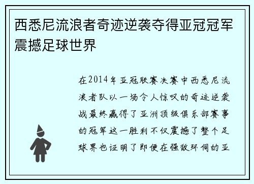 西悉尼流浪者奇迹逆袭夺得亚冠冠军震撼足球世界